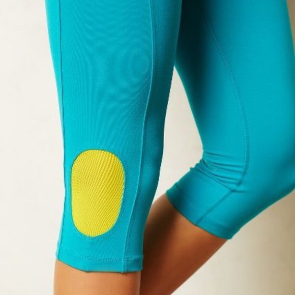 ANTHROPOLOGIE Sunpop Crops Capri Leggings Teal Yellow Mesh Accent Waist Pocket - Picture 4 of 8